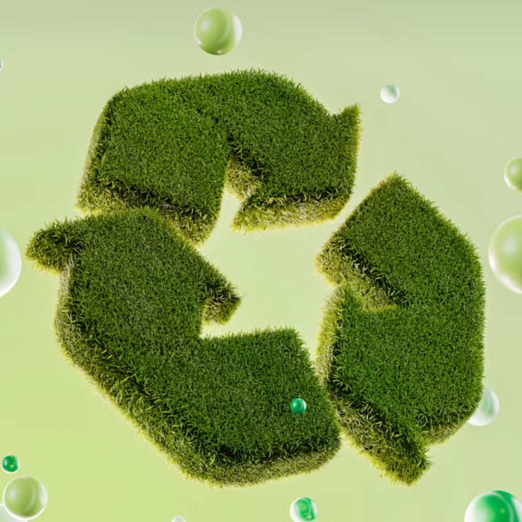 Recycle symbol made of grass on a light green background.