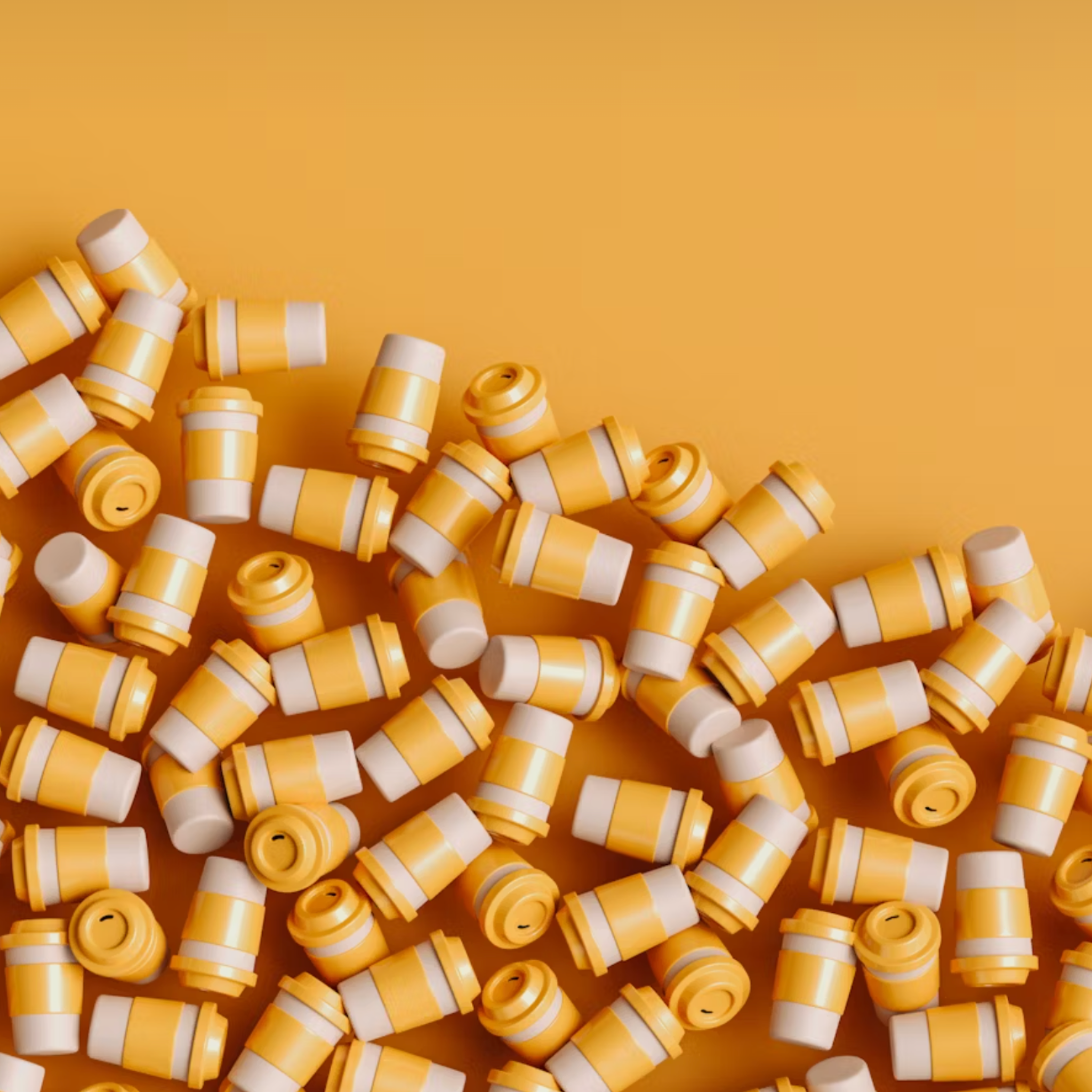 Yellow and white coffee cups scattered on a yellow background