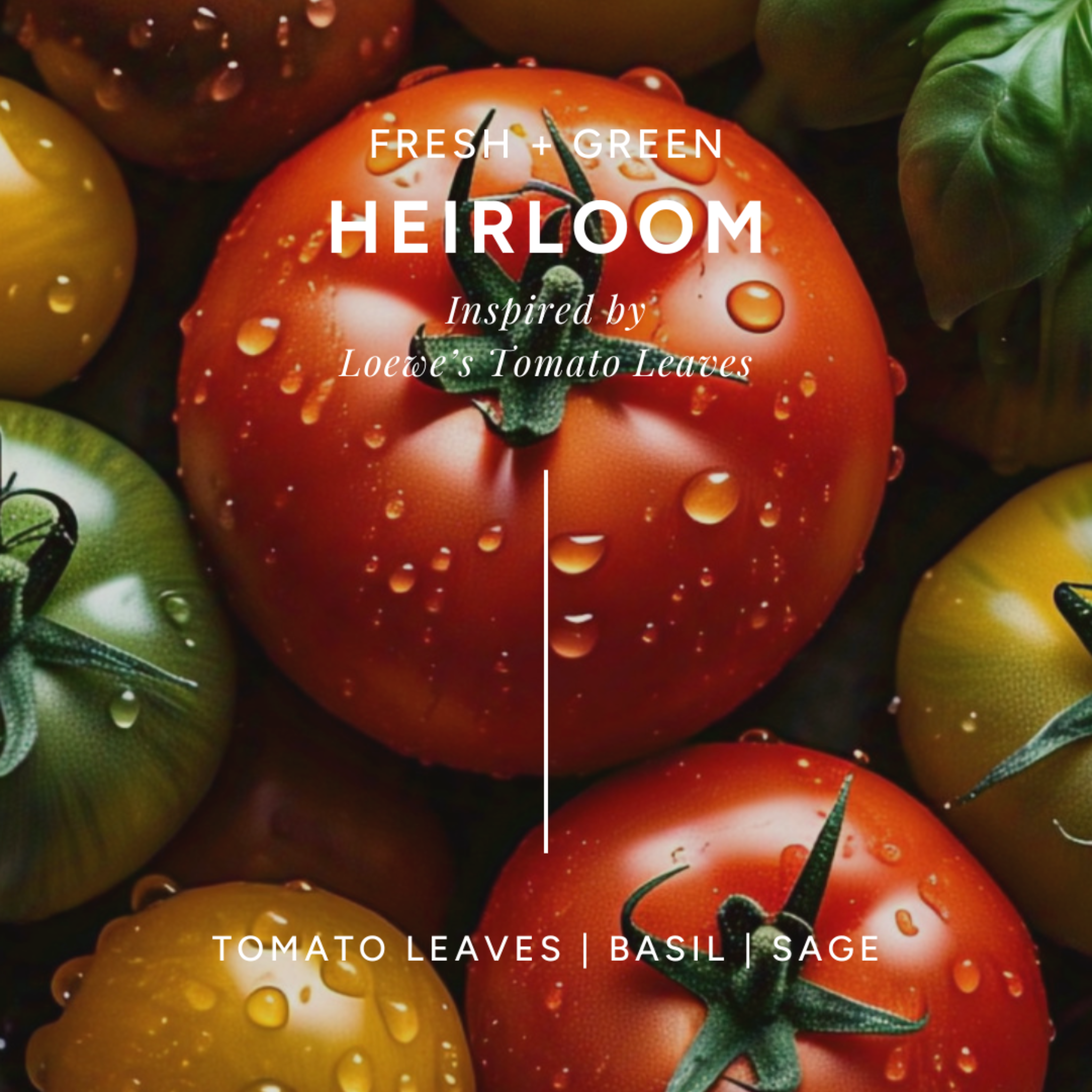 Infographic of 'Heirloom' scent with fresh heirloom tomatoes and water droplets. Has notes of tomato leaves, basil, and sage.