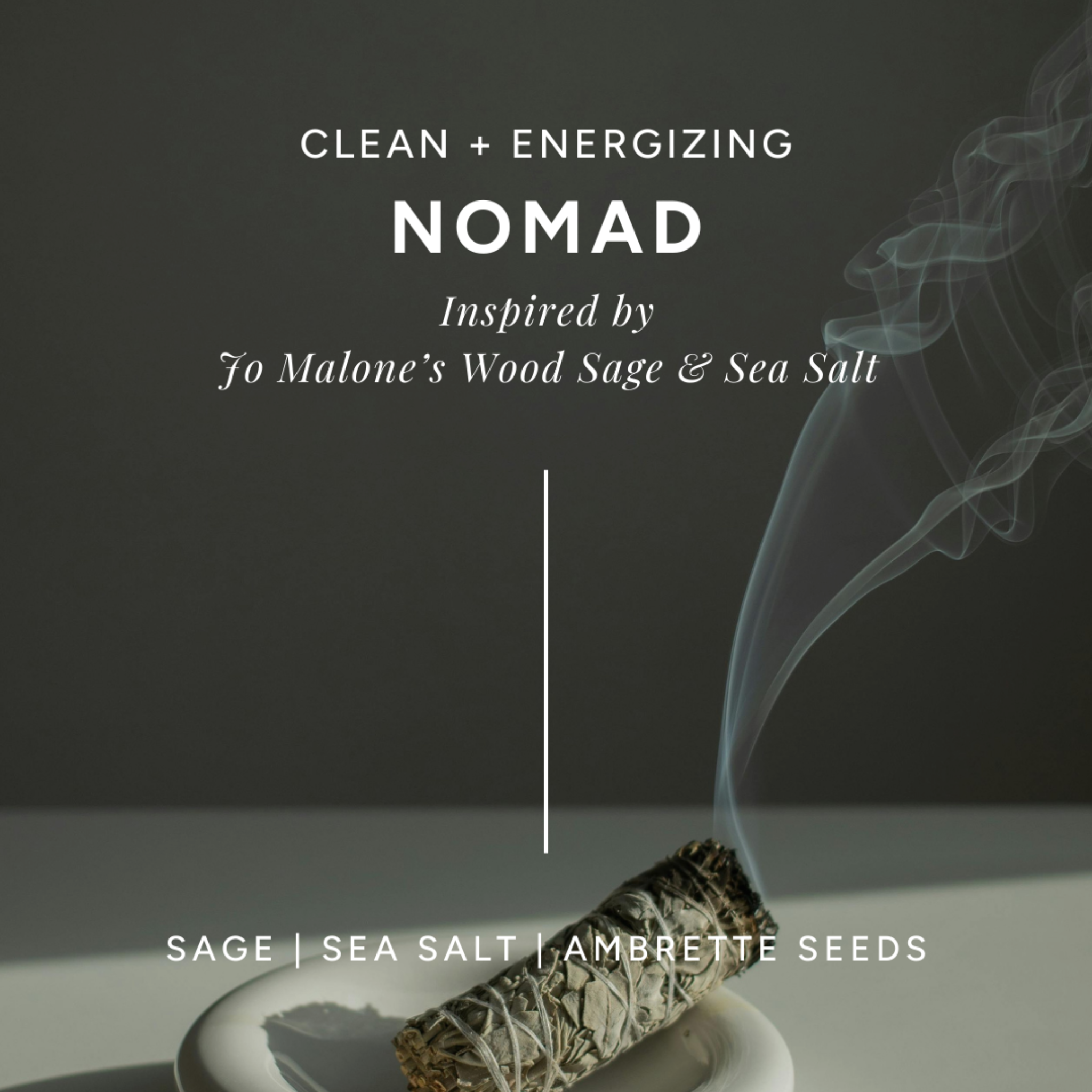 Infographic of 'Nomad' scent with a bundle of freshly lit sage. has notes of sage, sea salt, and ambrette seeds.