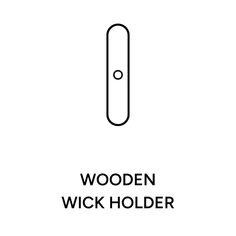 Black line drawing of a wooden wick holder on a white background with 'WOODEN WICK HOLDER' text below.