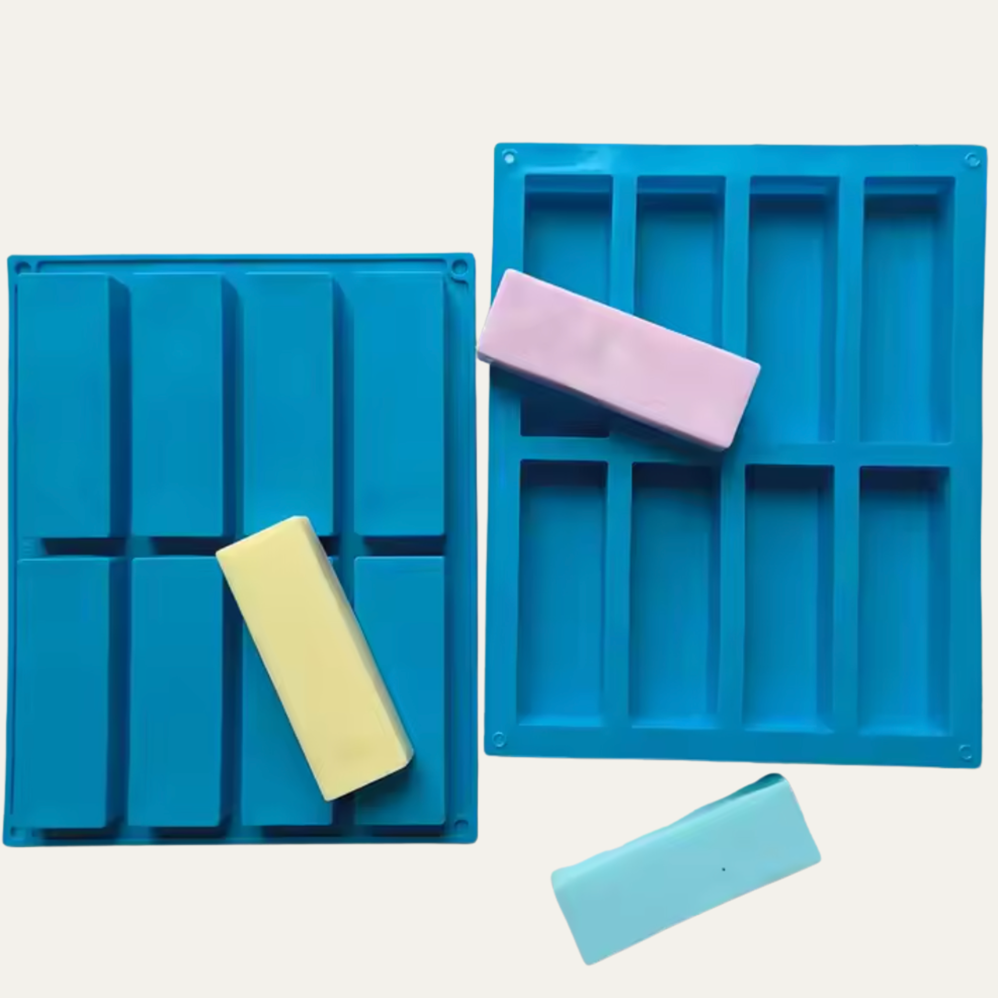 Blue silicone mold with colorful rectangular blocks on a white background