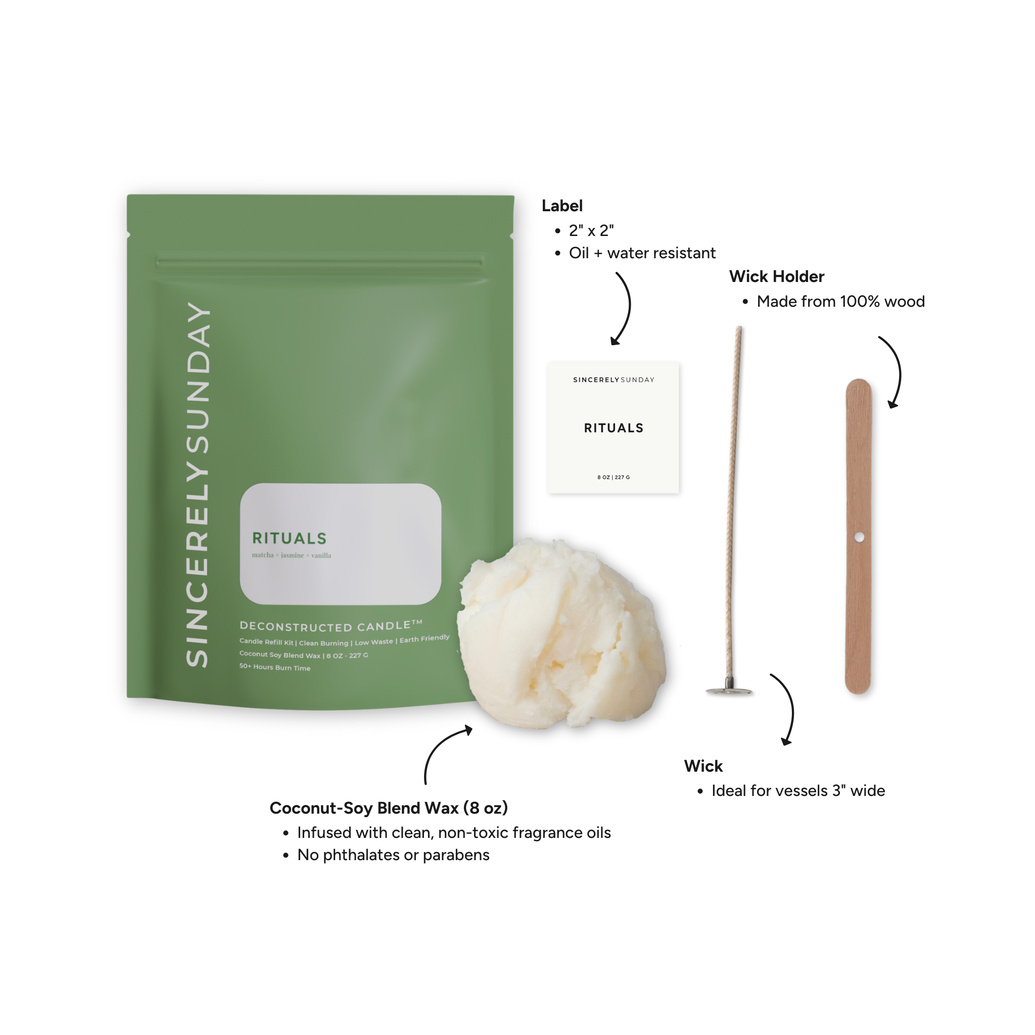Deconstructed Candle™ pouch with items included: 8 oz Coconut-soy wax blend (infused with non-toxic fragrance oils, no phthalates, parabens, or dyes), lead-free cotton wick, wooden wick holder, and a candle label