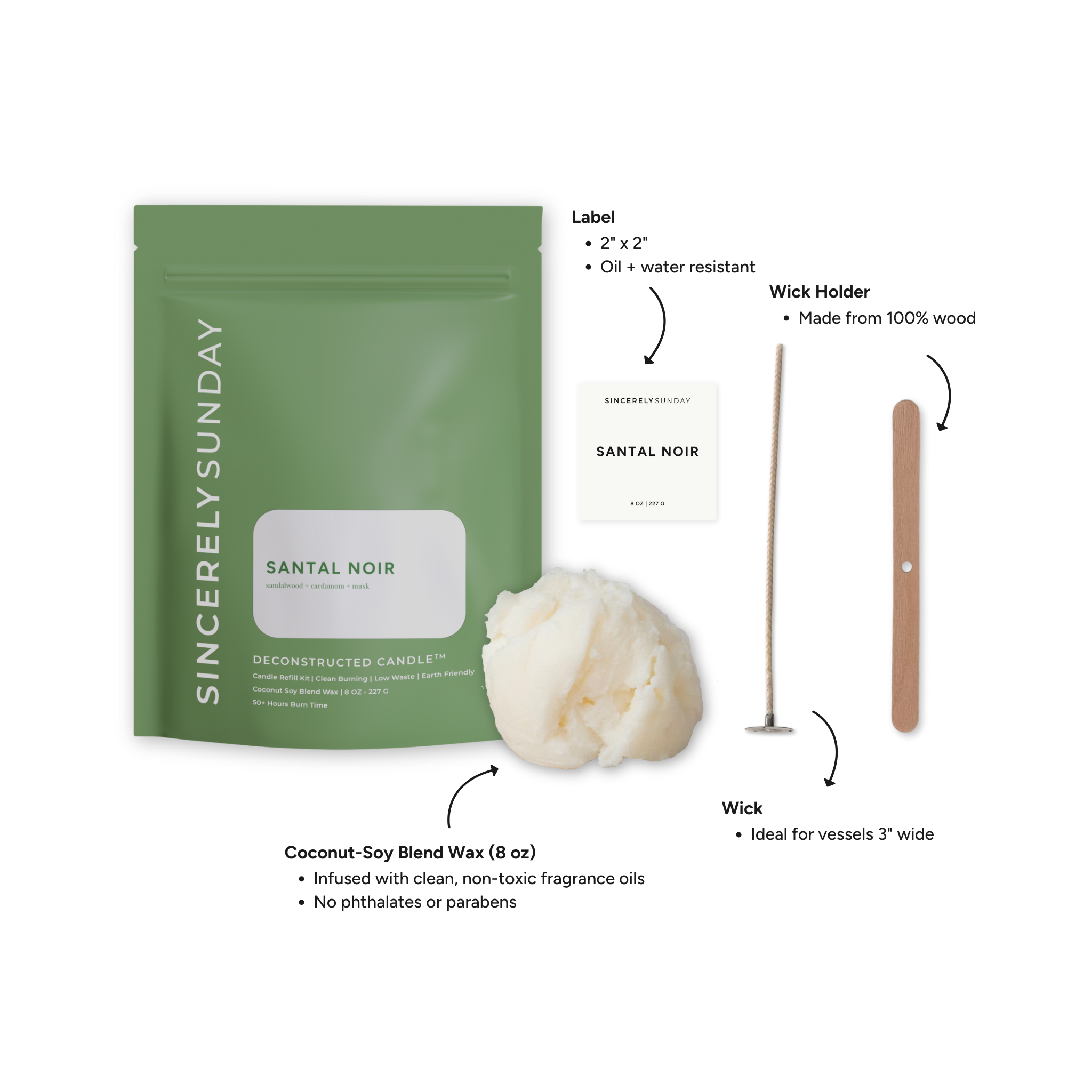 Deconstructed Candle™ pouch with items included: 8 oz Coconut-soy wax blend (infused with non-toxic fragrance oils, no phthalates, parabens, or dyes), lead-free cotton wick, wooden wick holder, and a candle label