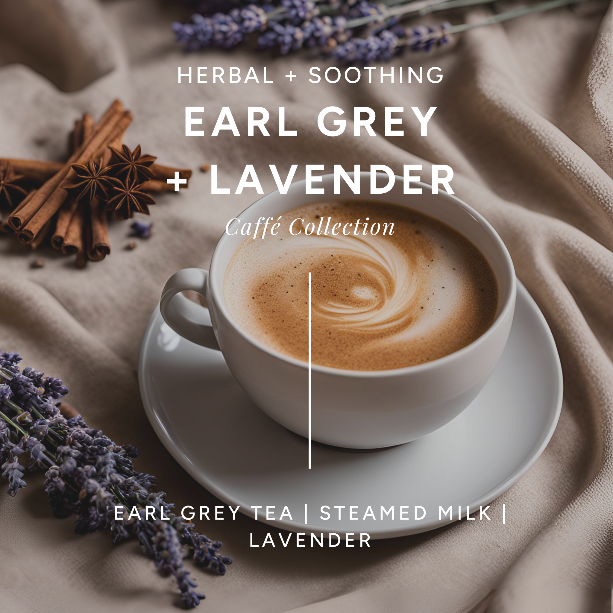 Cup of Earl Grey and Lavender coffee with ingredients on a textured surface
