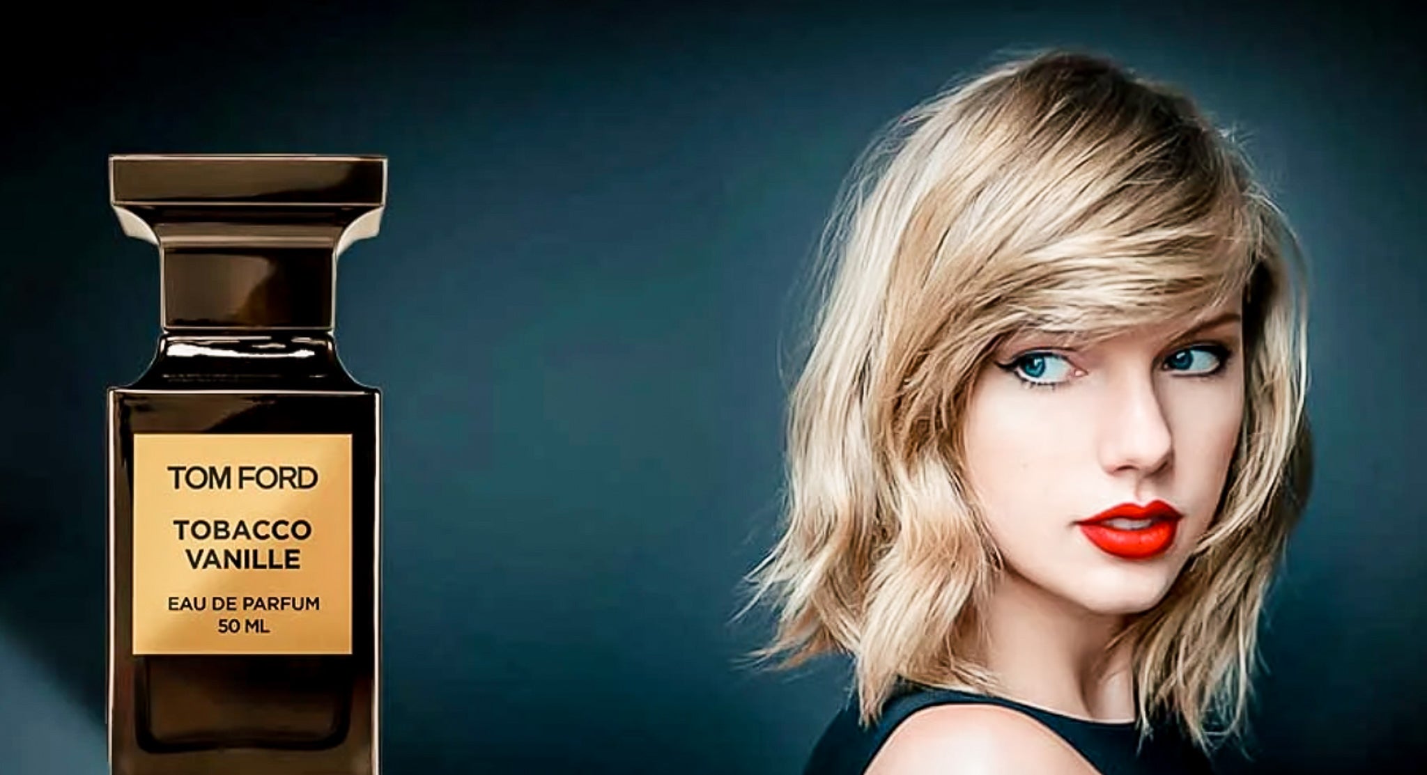 Tom Ford Tobacco Vanille perfume bottle with a woman with blonde hair on a dark background