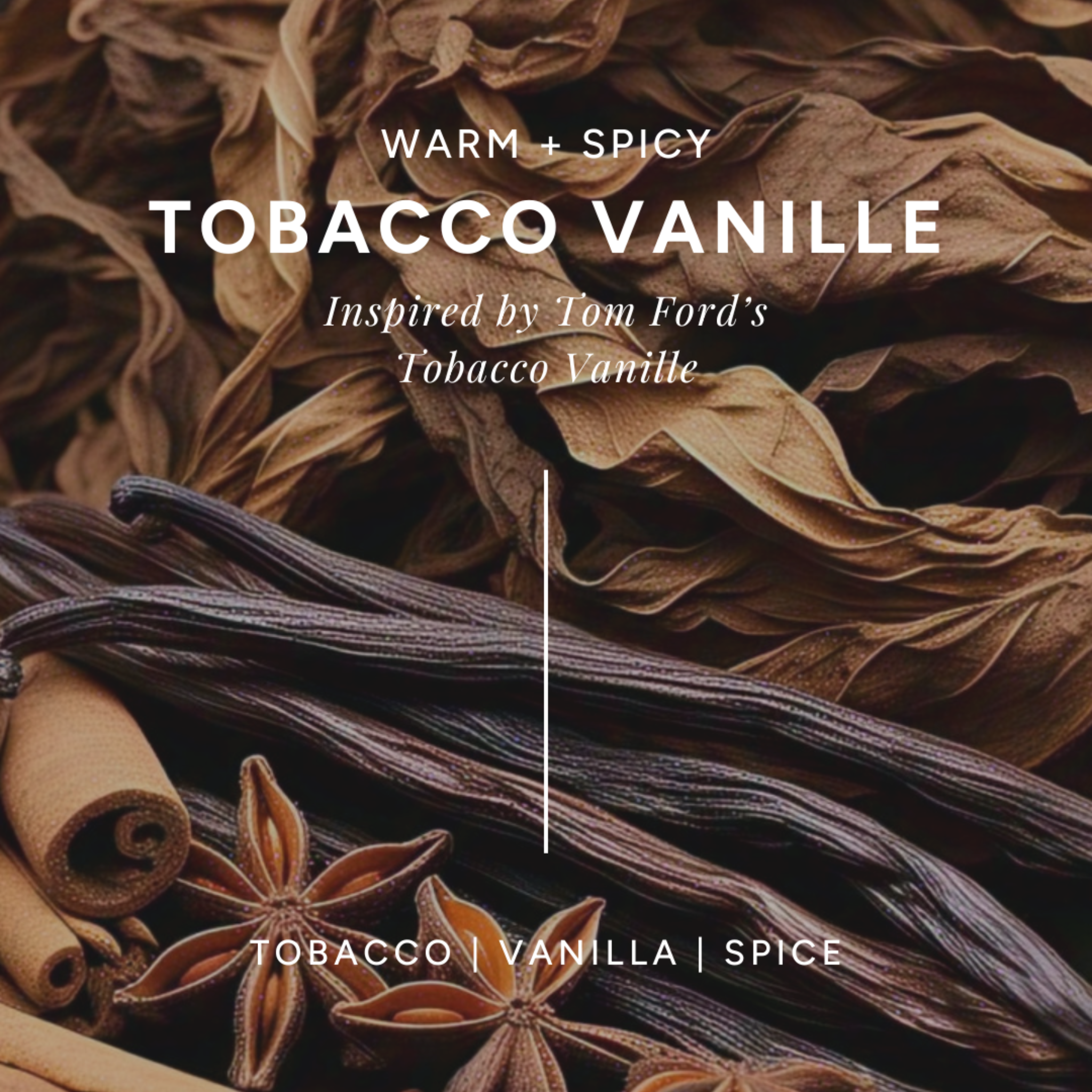 Infographic of 'Tobacco Vanille' scent featuring dried tobacco leaves, vanilla bean stalks, cinnamon sticks, and star anise. has notes of tobacco, vanilla, and spice. 