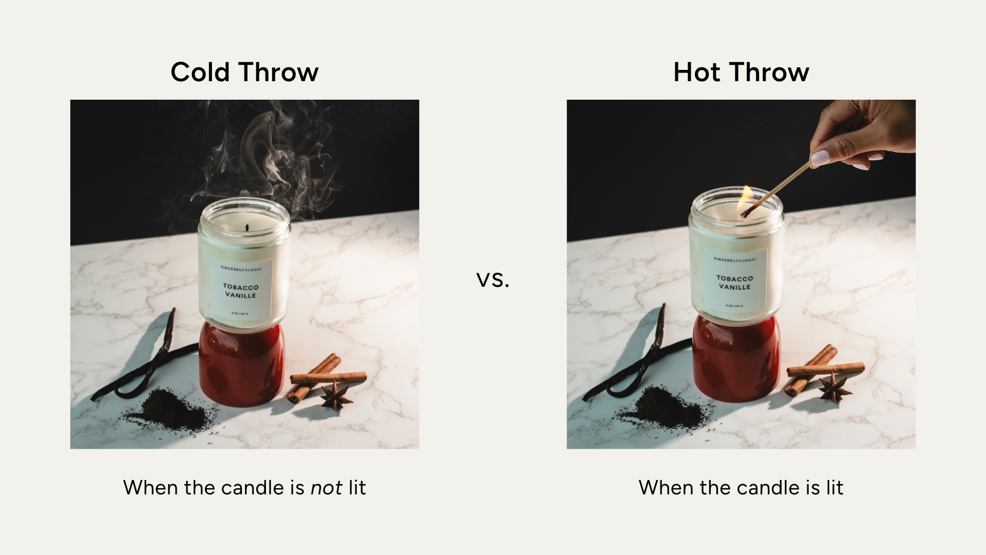Comparison of a candle labeled 'Cold Throw' and 'Hot Throw' with and without flame.