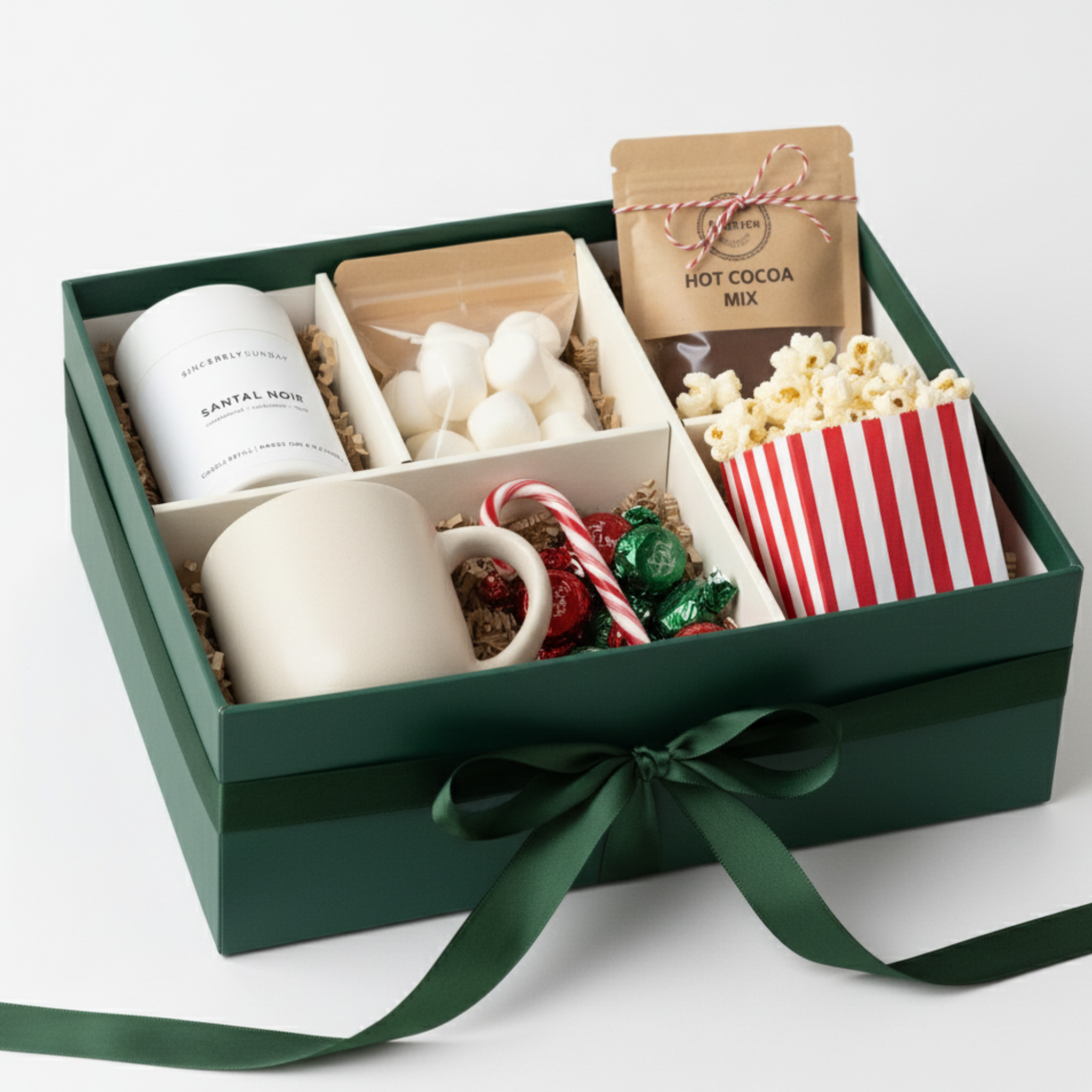 Green holiday gift box filled with a mug, popcorn, candy, marshmallows, and hot cocoa mix on a white background.