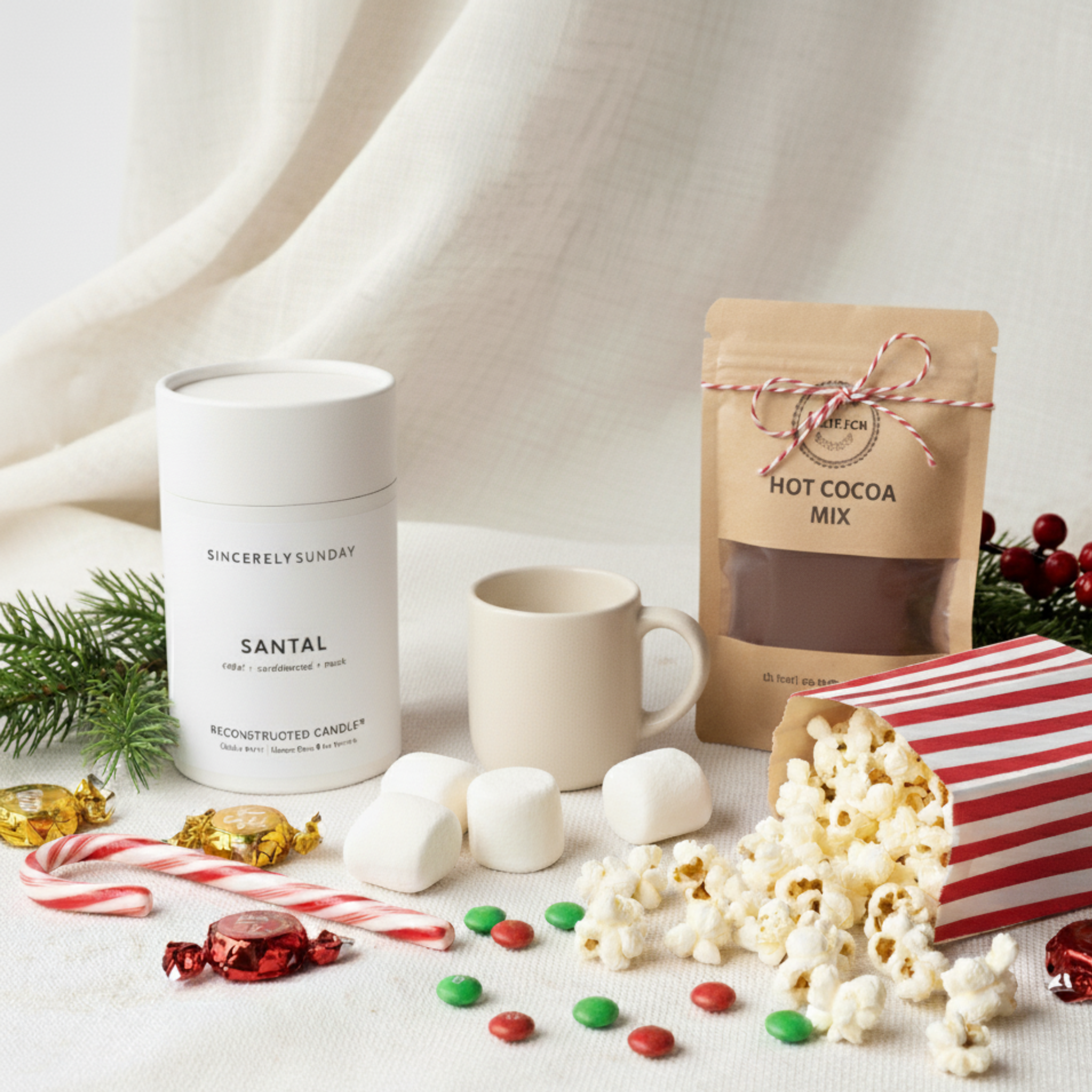 Candle refill kit styled as a holiday gift set with hot cocoa mix, mug, popcorn, and candy on a white surface