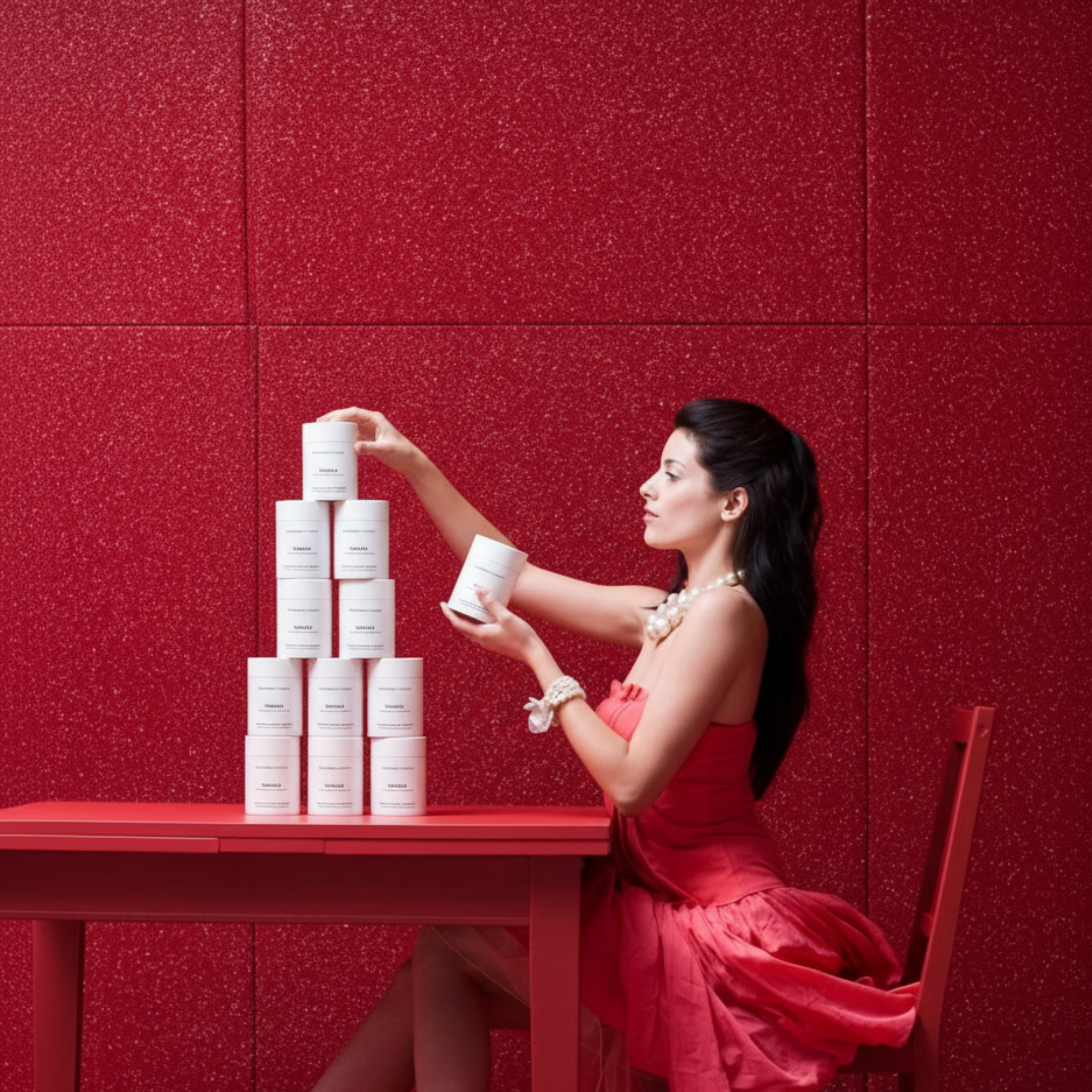 Woman in a red dress stacking white candle refill kits on a red table against a red background