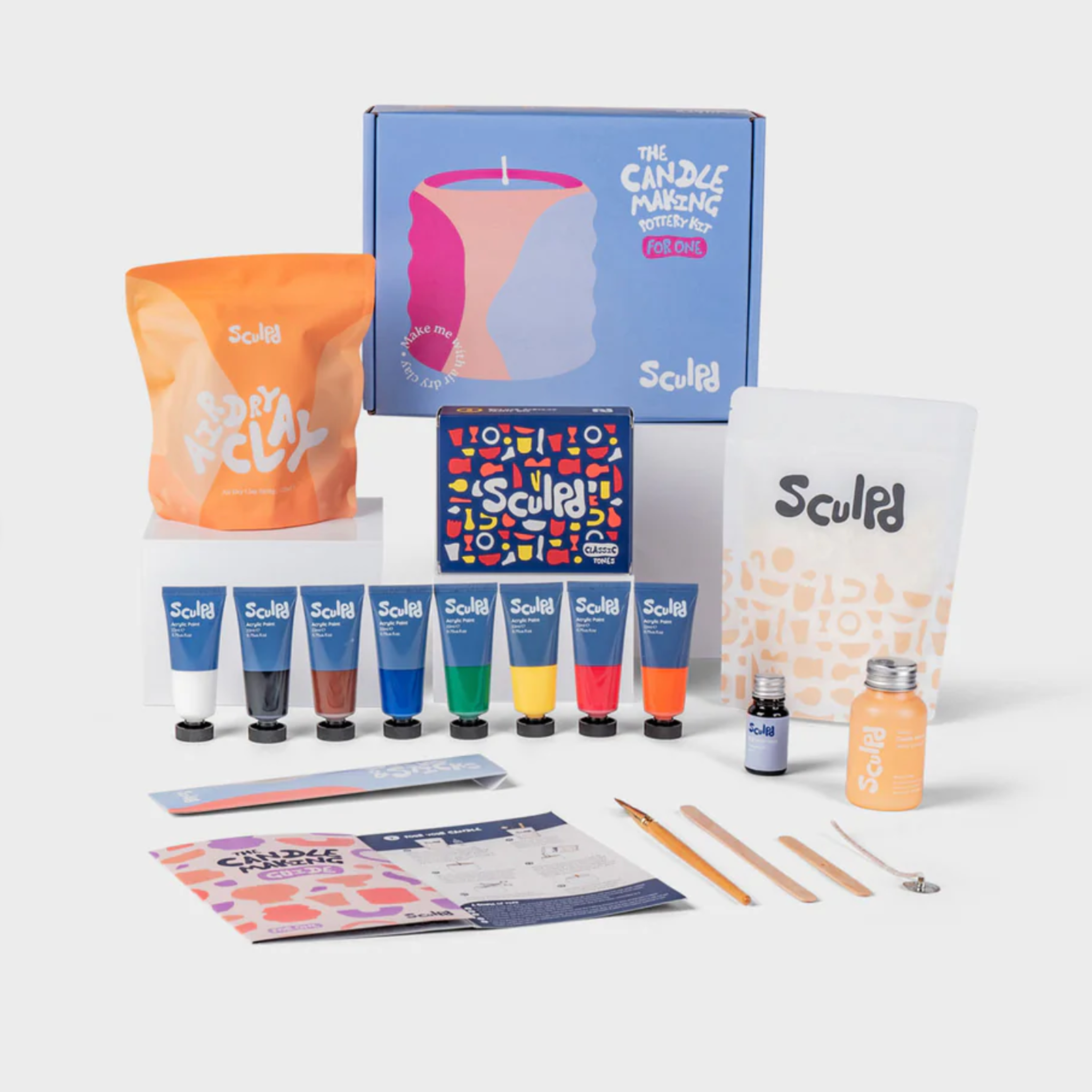 Sculpd candle making kit with the items included on a white background