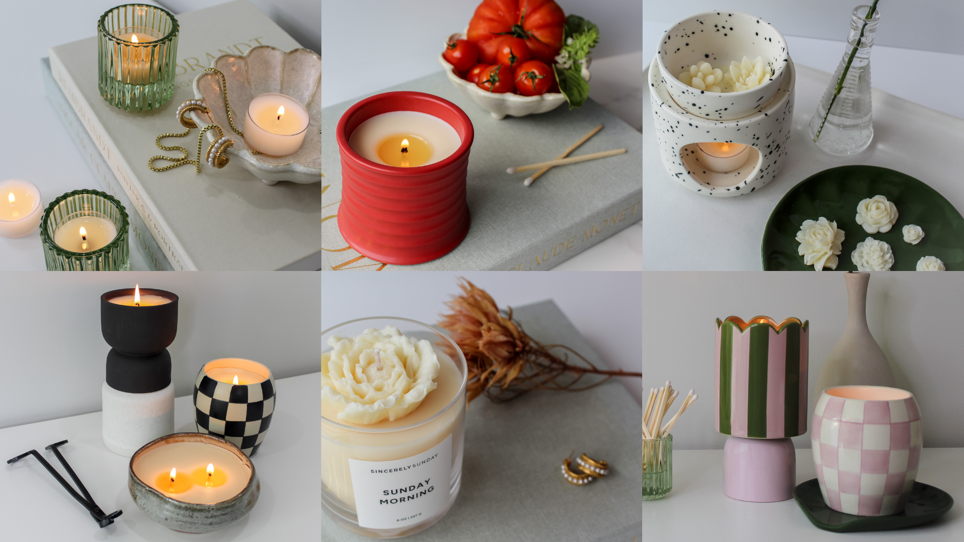 Collection of various candles and candle holders on a white surface.